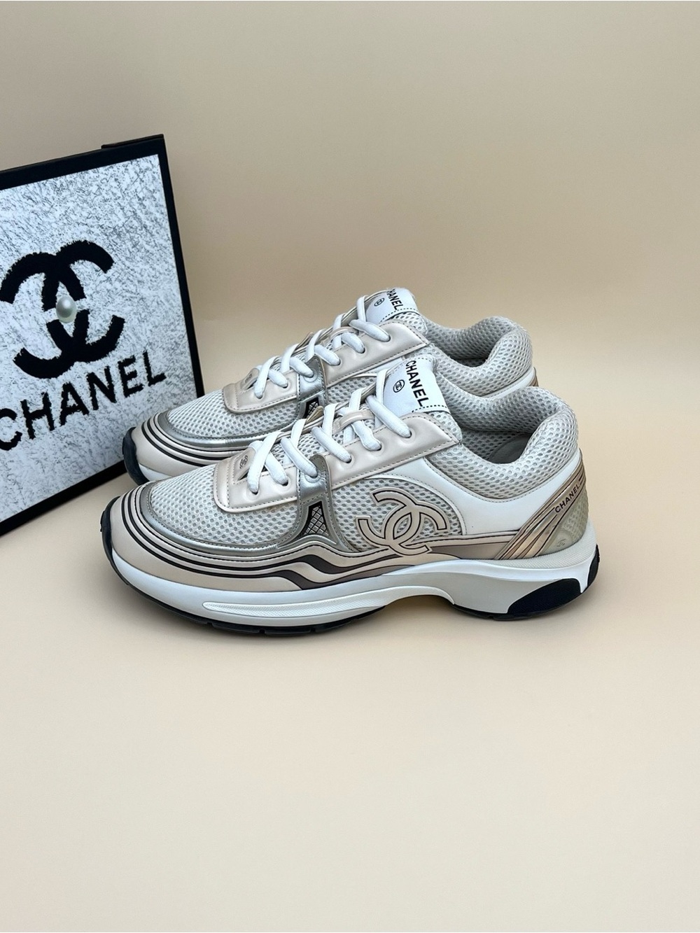 CHANEL Cream & White Mesh Runner Sneakers with Subtle Gold Trim